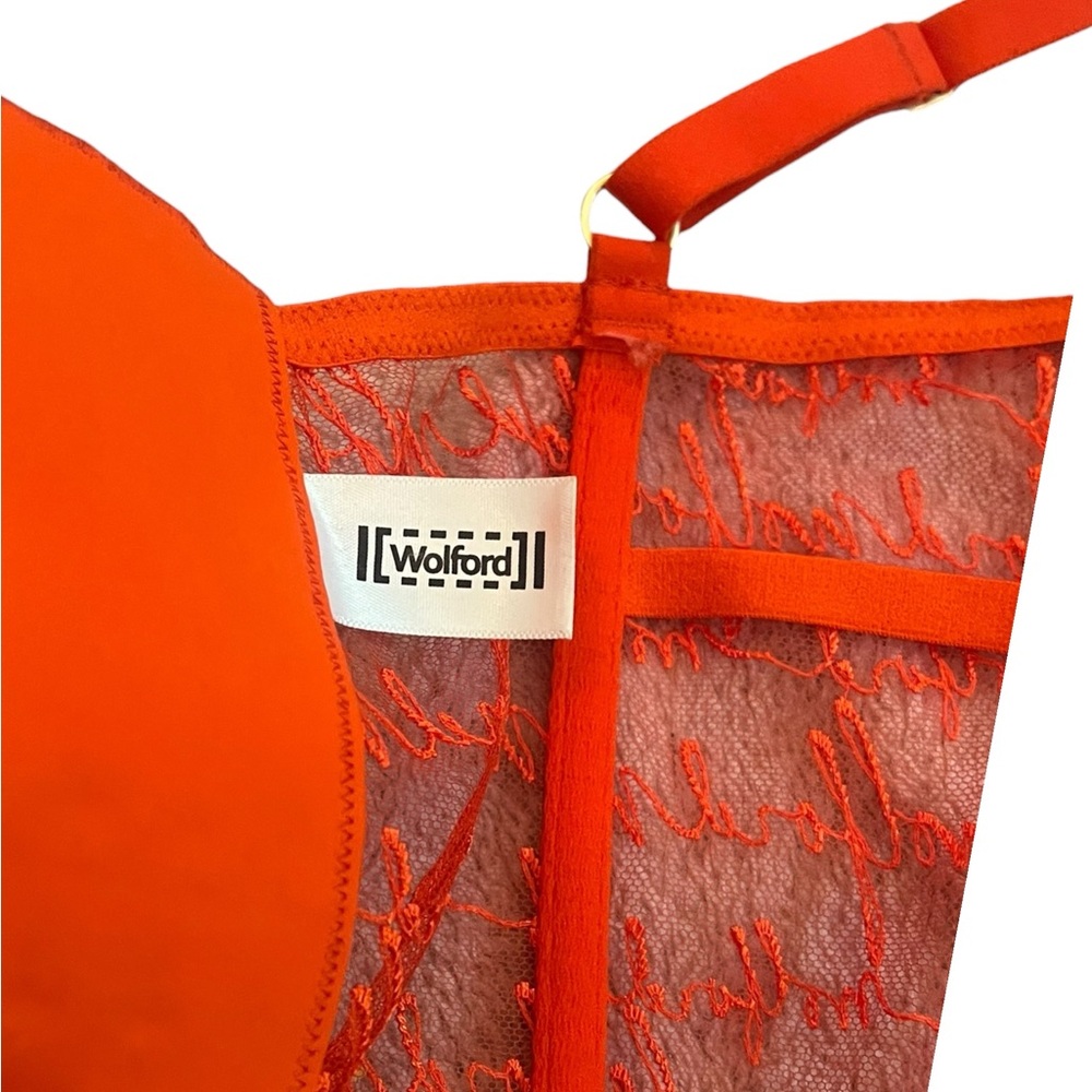 🚨𝐂𝐋𝐄𝐀𝐑𝐎𝐔𝐓 𝐒𝐀𝐋𝐄🚨 ❤️ 𝐖𝐎𝐋𝐅𝐎𝐑𝐃 Logo Obsession Script Lace Corset Bustier 34C 𝐍𝐖𝐓 - Picture 2 of 5